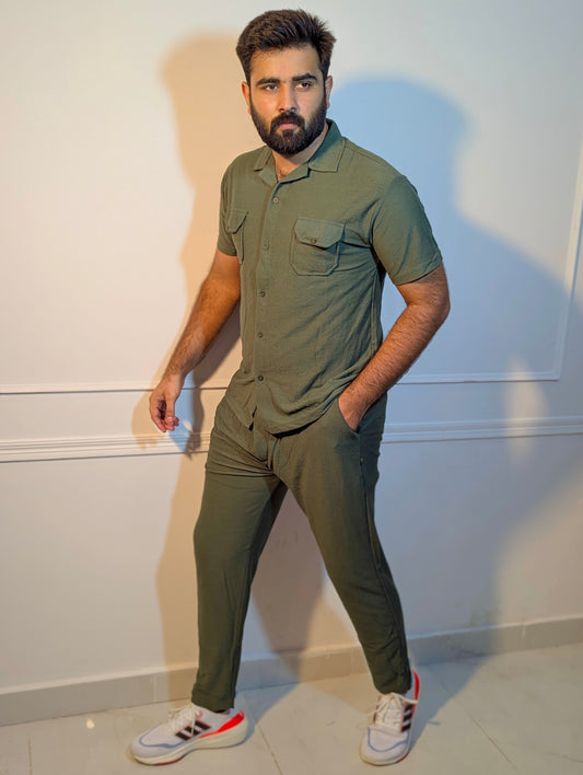 OLIVE GREEN DOUBLE POCKET SAFARI SUMMER TRACKSUIT FOR MEN/WOMEN