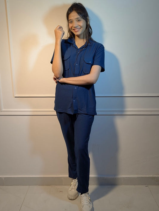 NAVY BLUE DOUBLE POCKET SAFARI SUMMER TRACKSUIT FOR MEN/WOMEN