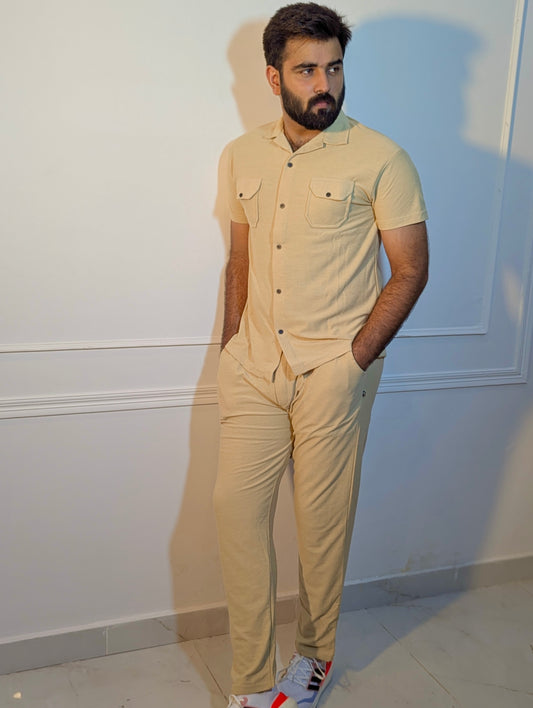 CREAM DOUBLE POCKET SAFARI SUMMER TRACKSUIT FOR MEN/WOMEN