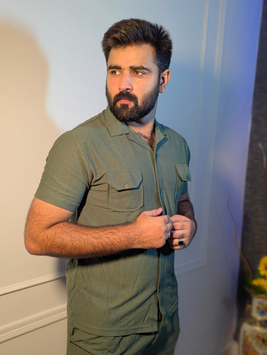 OLIVE GREEN DOUBLE POCKET SAFARI SUMMER TRACKSUIT FOR MEN/WOMEN
